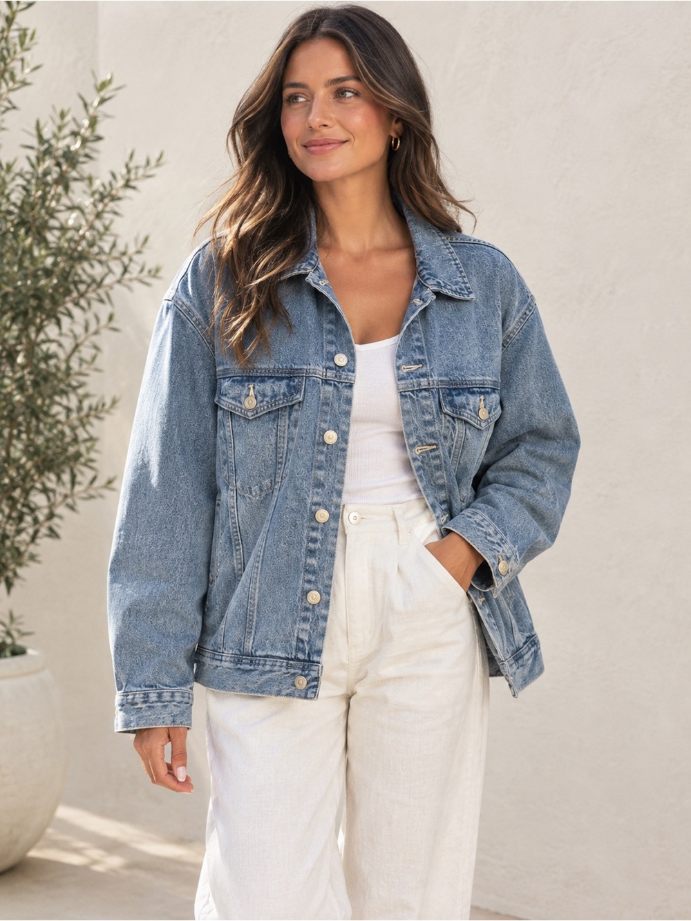 Zara Light Blue Denim Oversized Boyfriend Jacket with Button-Front